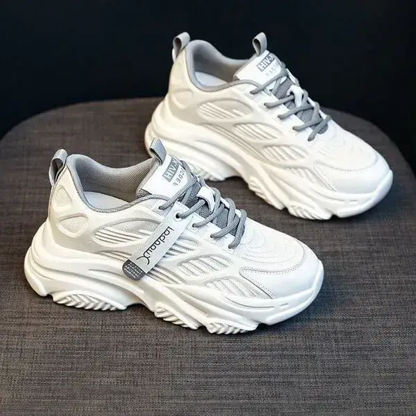 Womens Solid Color Sneakers | Lace-Up Breathable Low-Top Shoes in Grey, White